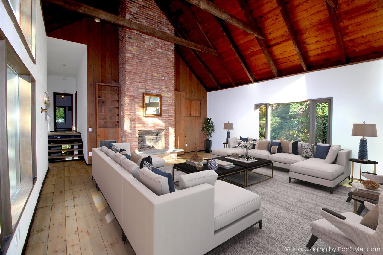 Virtually staged. Massive Great Room with majestic Fireplace and Cathedral Ceiling.
