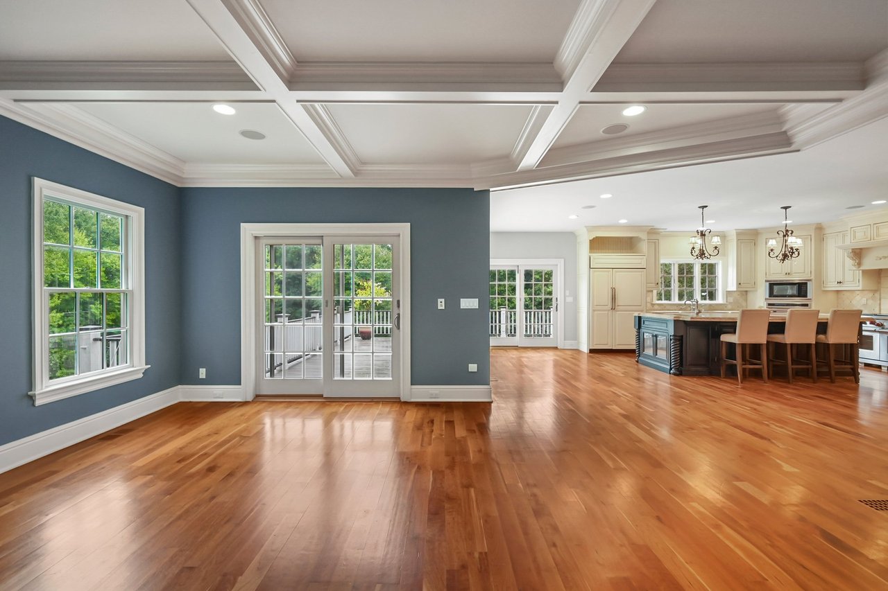 Family room is loaded with light.