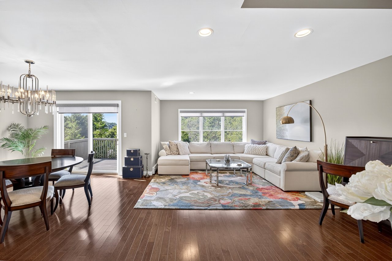 Open-concept Living room featuring plenty of natural light, recessed lighting, dark wood floors, and fireplace.