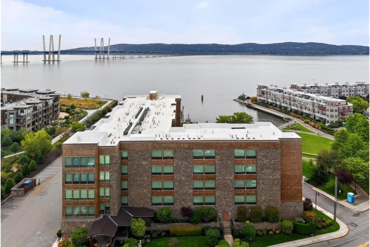 Aerial view of Cuomo bridge and the Hudson River...