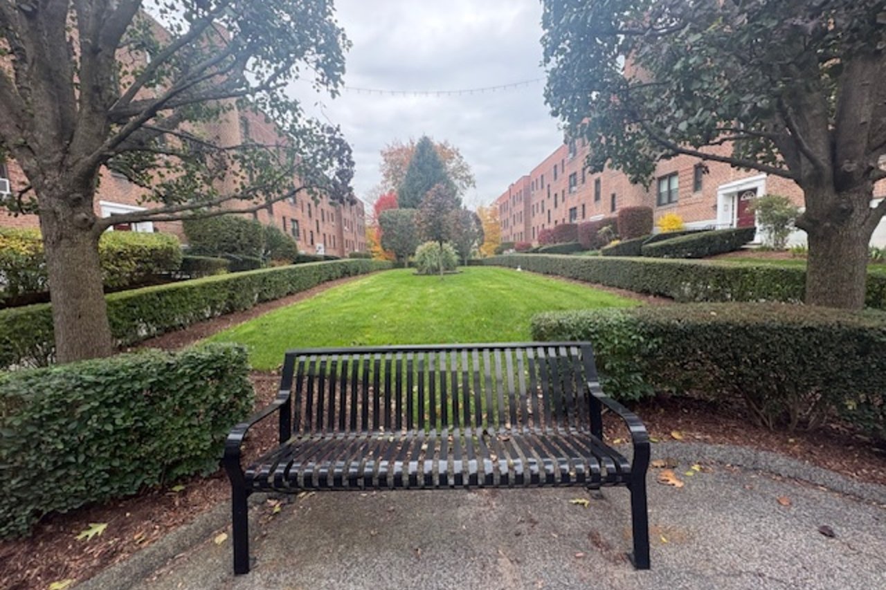 Benches overlooking the courtyard