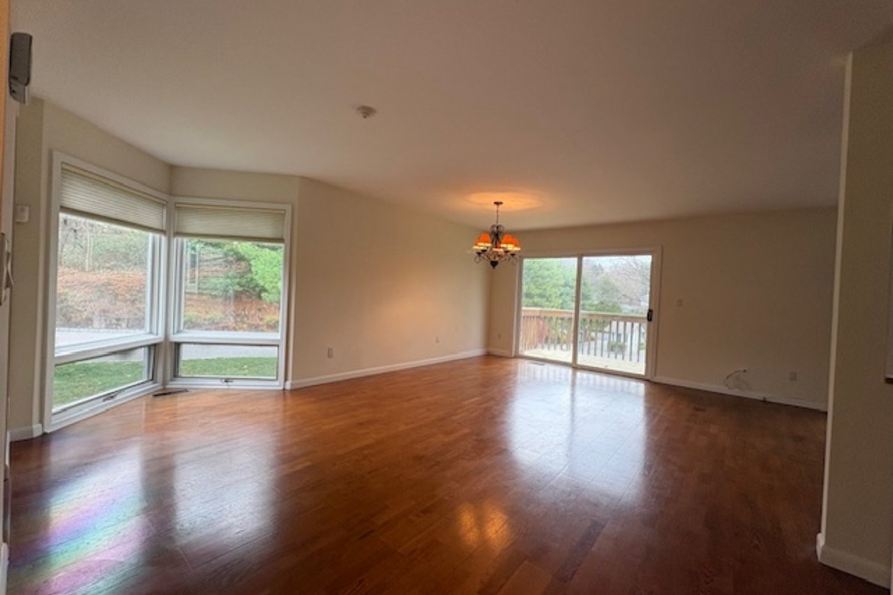 Sun filled living room w/fireplace and dining room