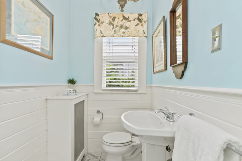 Powder room on main level with shiplap