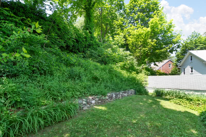 Natural greenery currently covers a functional set of stairs leading to the second level of the yard....