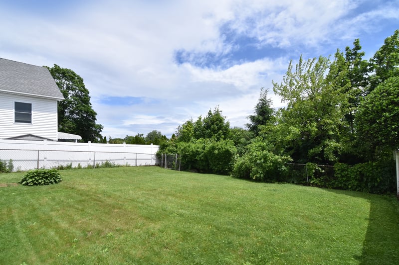 A door from the basement leads to an expansive, level backyard surrounded by greenery.