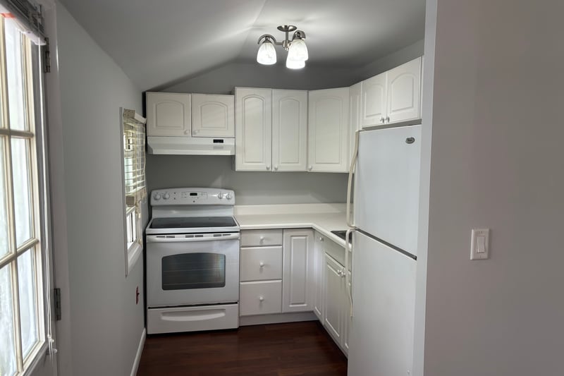 Kitchen with white appliances, under cabinet range hood, lofted ceiling, healthy amount of natural light, and dark wood-style flooring