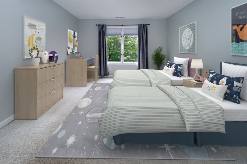 Virtually staged photo of second bedroom with wall to wall carpet.