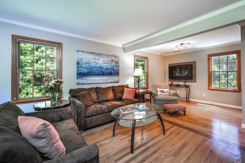 Note elevated gas fireplace. Perfect for cozy winter nights at home.