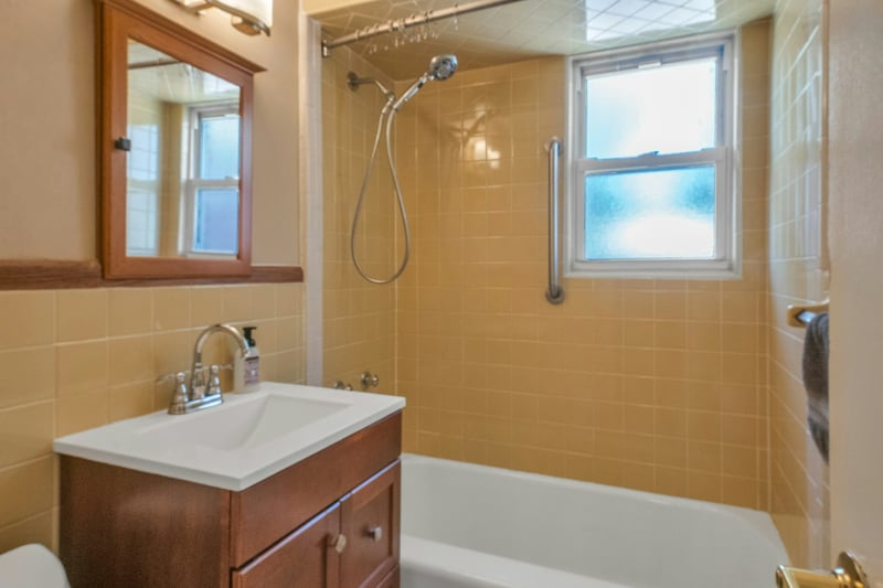 Bathroom with shower / bath combination.