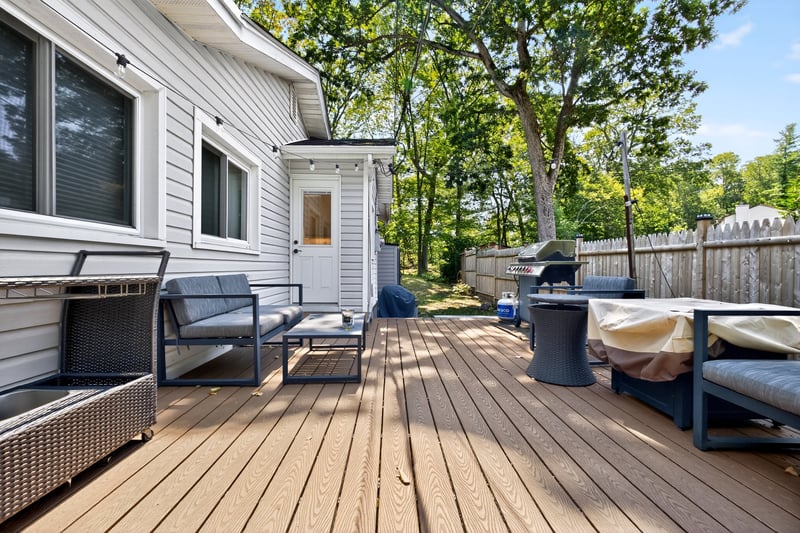 Beautiful Trex Deck featuring grilling area and view of private large yard