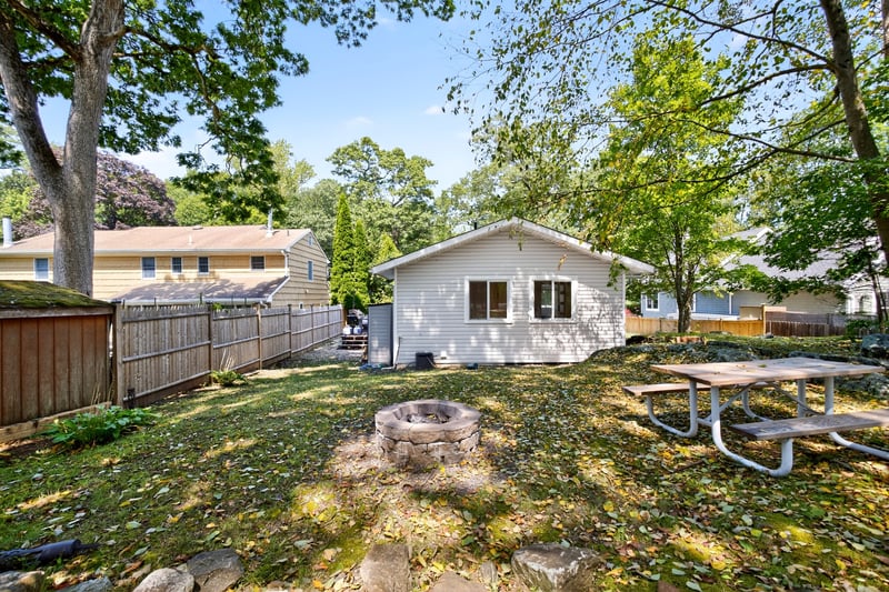 Back of house with an outdoor fire pit and private backyard