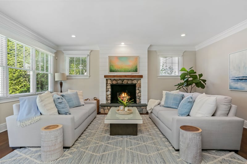 Family room with stone fireplace
