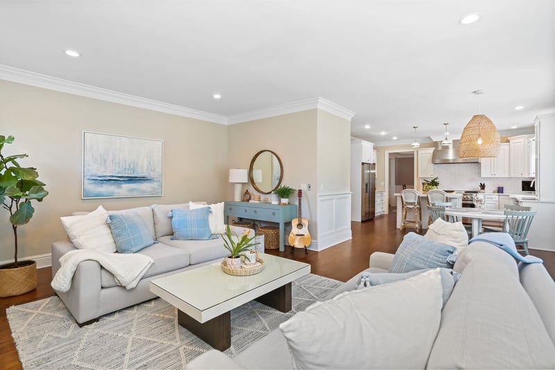 Family room with view of kitchen