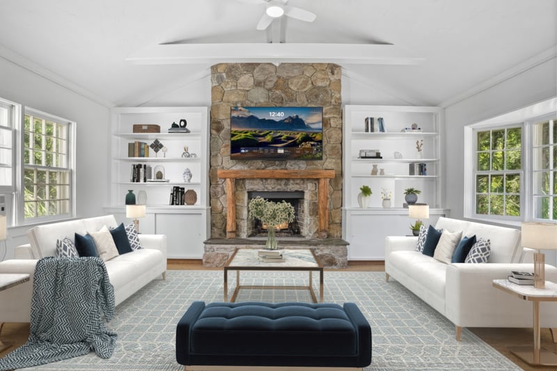 Beautiful Family Room with striking stone fireplace