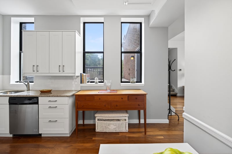 Kitchen with dark wood-style floors, dishwasher, white cabinets, and plenty of natural light...