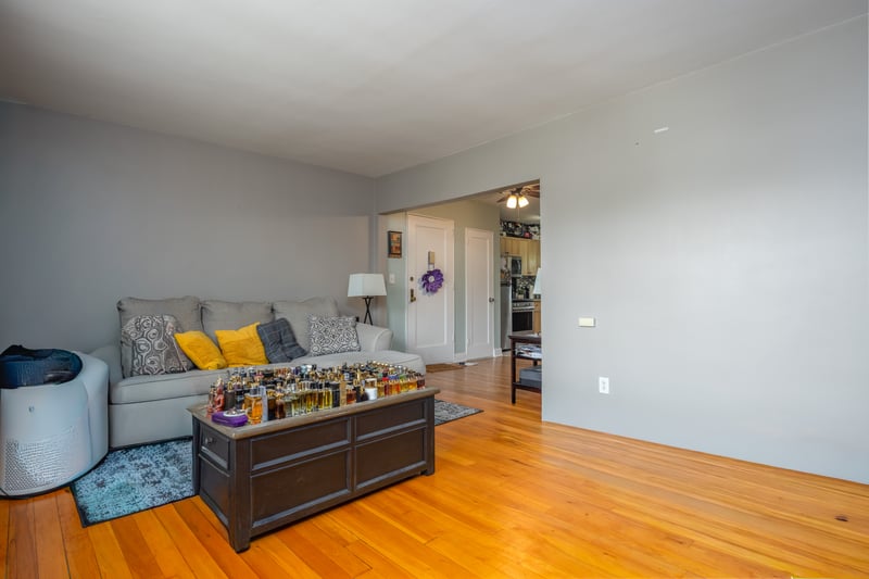 Living room with light wood finished floors and ceiling fan