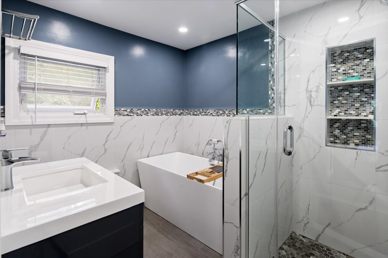 Spa like bathroom with soaking tub and step in shower