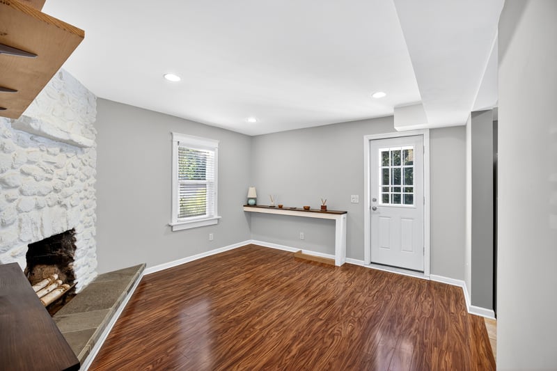 Lowest level recreation room with fireplace