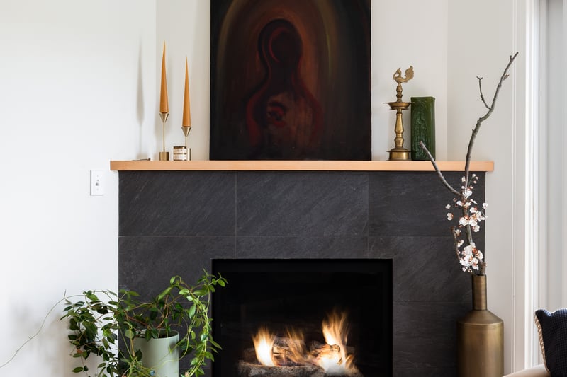 Beautiful gas fireplace with Sugar maple mantel.