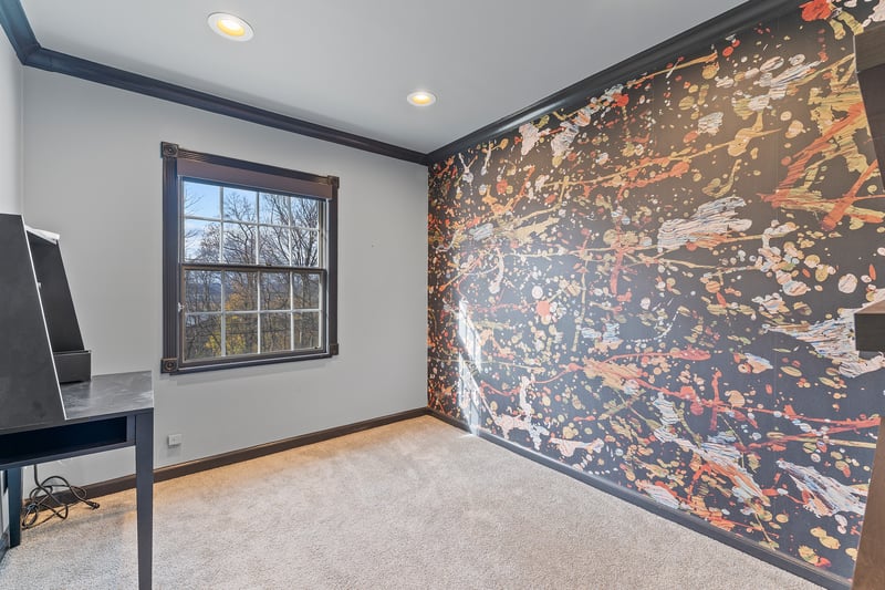 Unfurnished office with ornamental molding, carpet, and recessed lighting