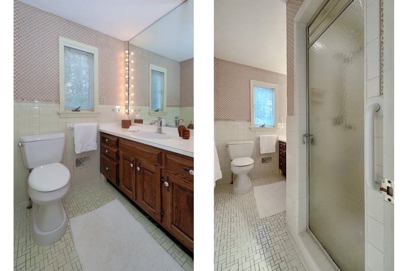 Full bath for second bedroom suite with stall shower, tile floor, and Formica counter on vanity.