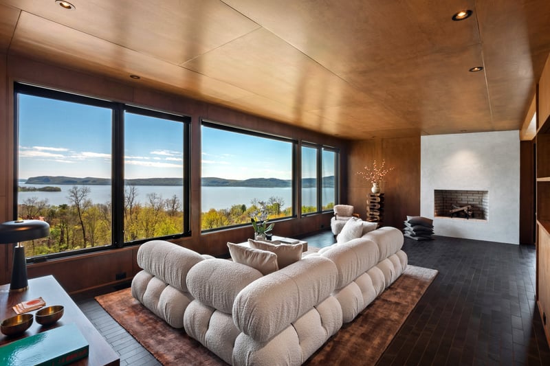 Main House - Living Room featuring a Hudson River view and a fireplace