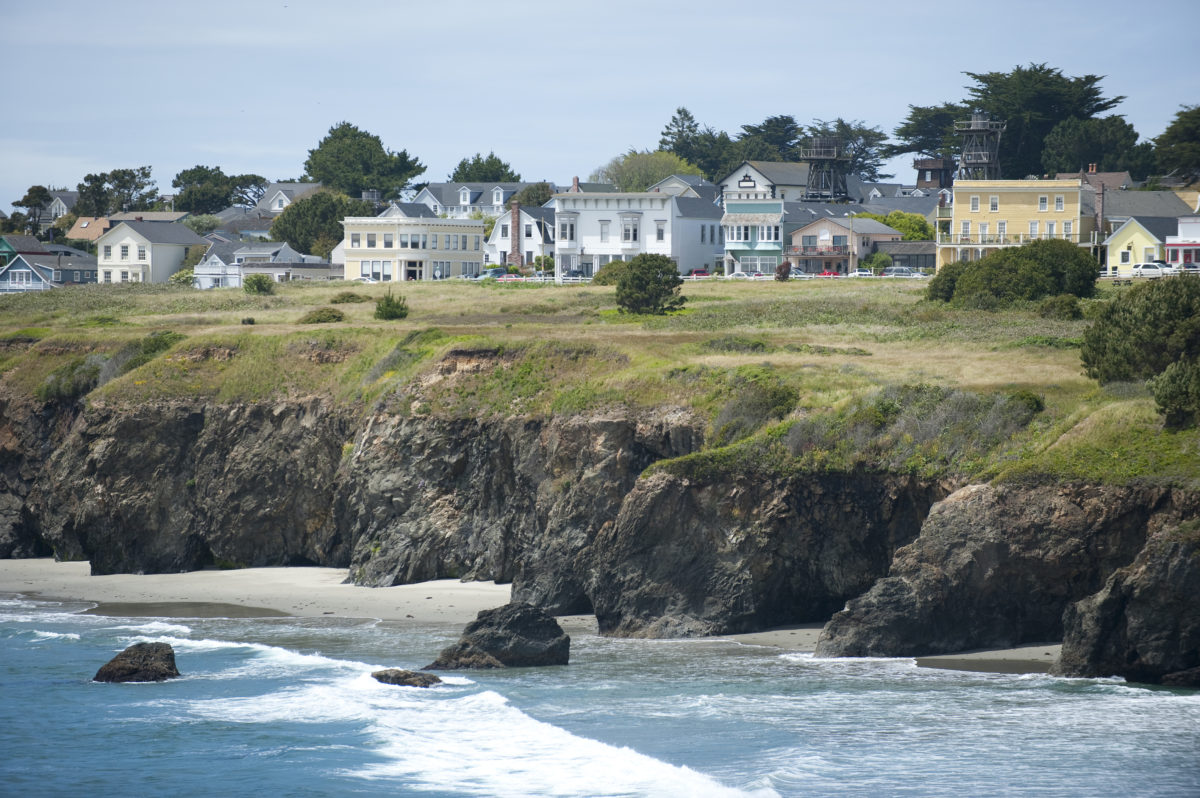 Mendocino, village, town, travel, ocean, outdoors, California, coastal, blue, water, sky, architecture, vacation, USA, community, setting, bucolic, waves, bluff, shoreline, destination, hamlet, beautiful, sunny, view, vista, scenic, Pacific, sea, beach