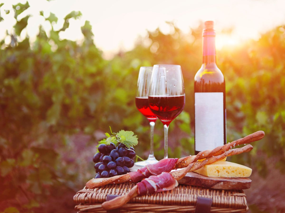Two glasses of red wine with bread, meat, grape and cheese on the vineyard background