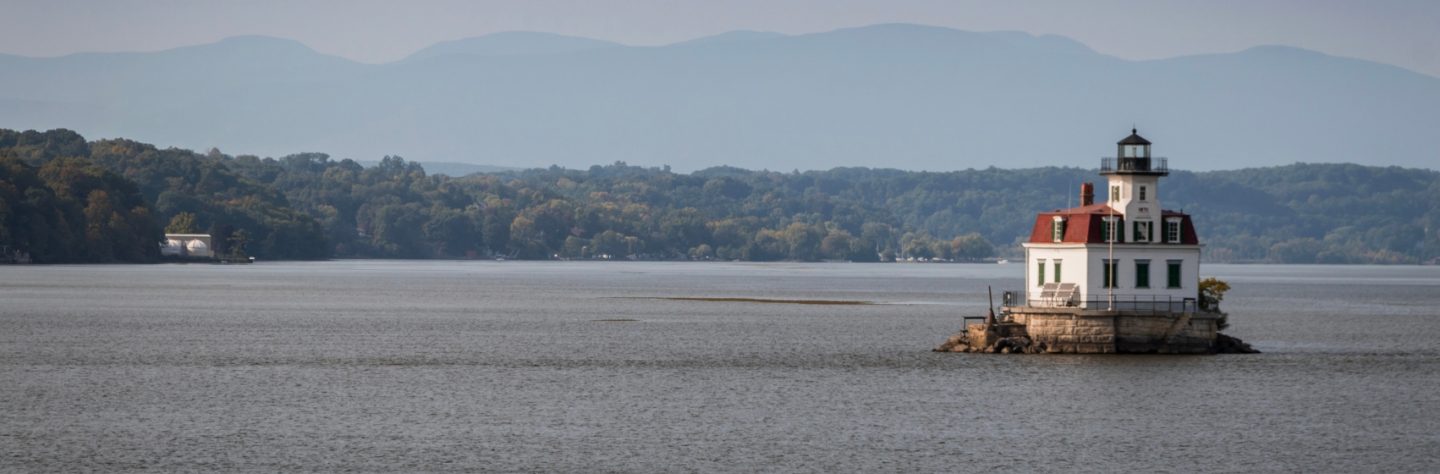 Esopus Meadows Lighthouse on the Hudson River, Esopus, NY, in early fall - stock photo