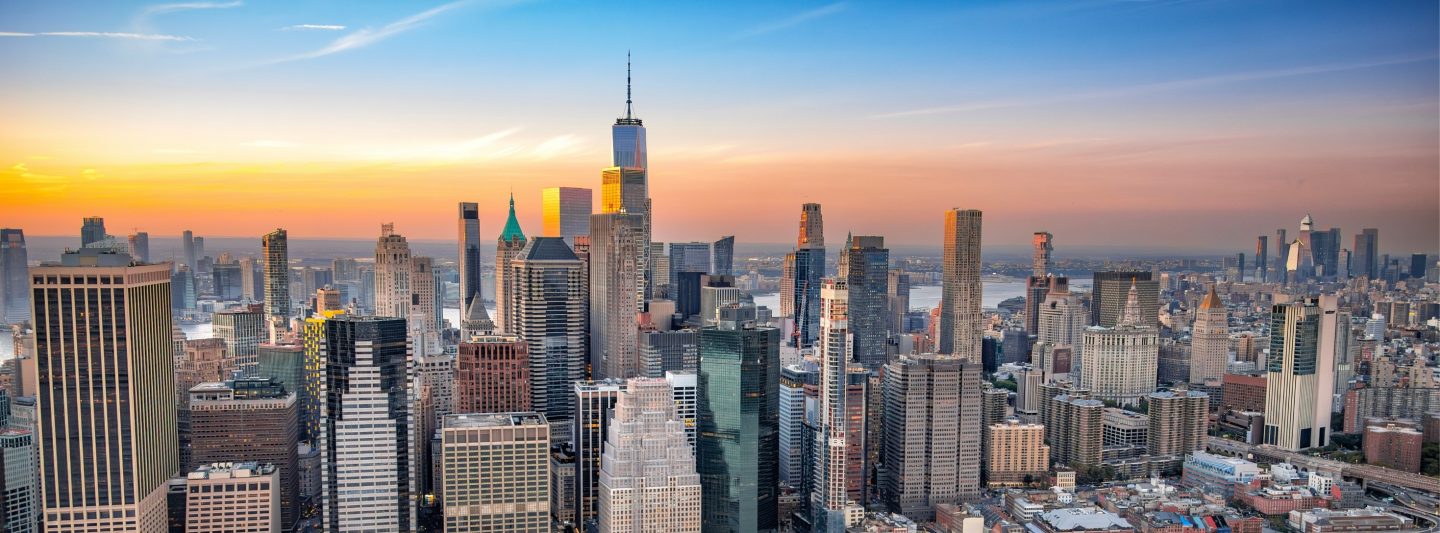 The skyline of downtown Manhattan, New York City shot via helicopter from an altitude of about 1500 feet over the East River.