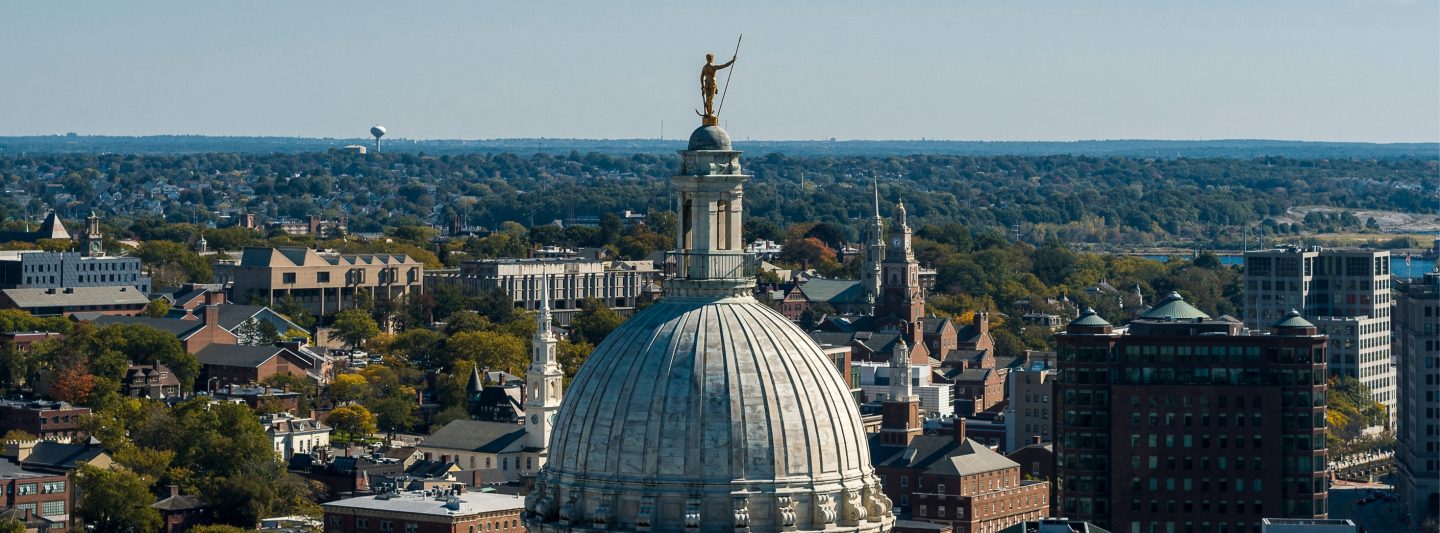 Capitol Hill with famous landmark of Providence: Rhode Island State House with view of the city.